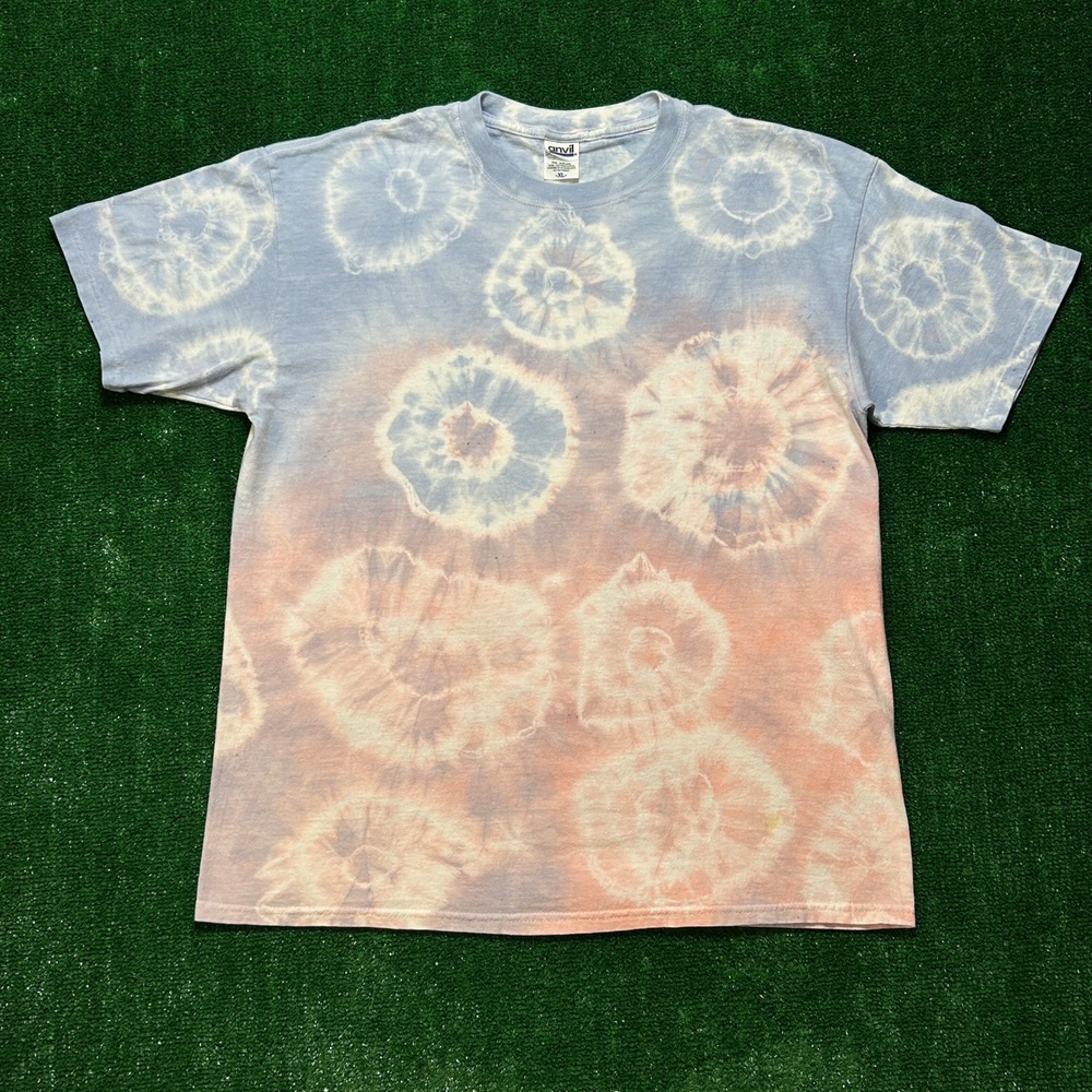 Vintage Y2K Anvil T-Shirt Bullseye‎ XL Blue Peach Tie Dye Spiral Cotton